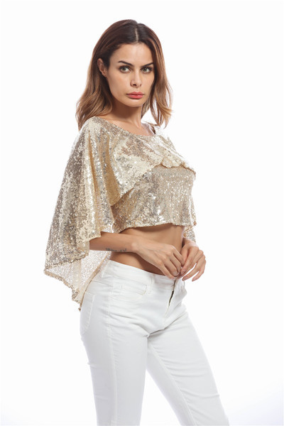 Γυαλιστερή κοντή γυναικεία μπλούζα με φαρδιά μανίκια σε δύο χρώματα