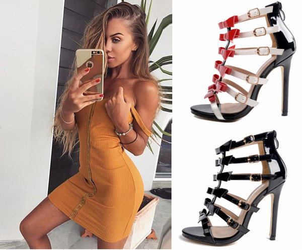 Стилни дамски сандали на висок ток с каишки и панделки в два цвята