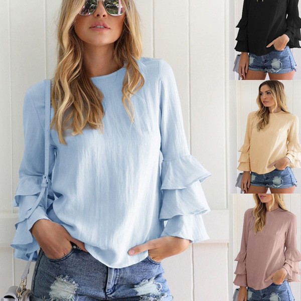 Стилна дамска риза в широк модел с къдрави ръкави в няколко цвята