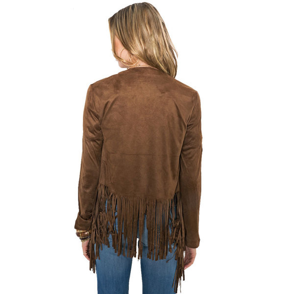 Стилно дамско яке от изкуствен велур в кафяв цвят с ресни