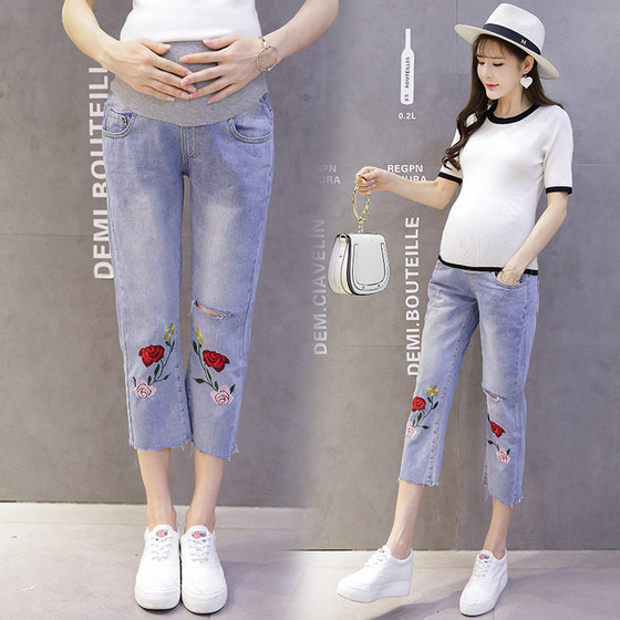 Κομψά 7/8 τζιν με κεντήματα για έγκυες γυναίκες, κατάλληλα για τη  καθημερινή ζωή