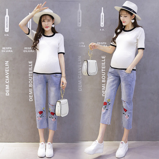 Κομψά 7/8 τζιν με κεντήματα για έγκυες γυναίκες, κατάλληλα για τη  καθημερινή ζωή