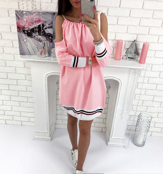 Ежедневна дамска рокля с дълъг ръкав и паднало голо рамо - 3 цвята