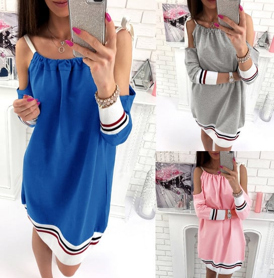 Ежедневна дамска рокля с дълъг ръкав и паднало голо рамо - 3 цвята