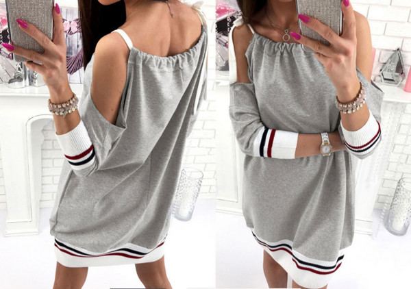 Ежедневна дамска рокля с дълъг ръкав и паднало голо рамо - 3 цвята