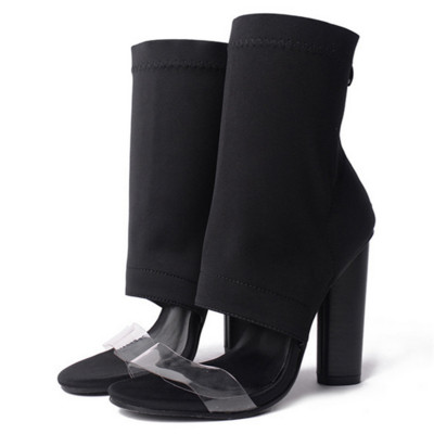 Много стилни дамски обувки на висок дебел ток с ципово закопчаване и прозрачни презрамки