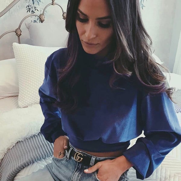 Стилна дамска плюшена блузка с дълъг ръкав и полувисока яка