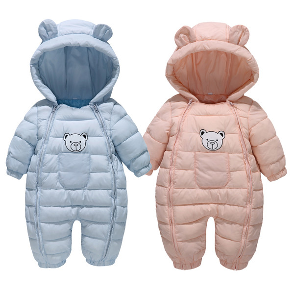 Зимен детски гащеризон за момичета и момчета с качулка с ушички в розов и син цвят