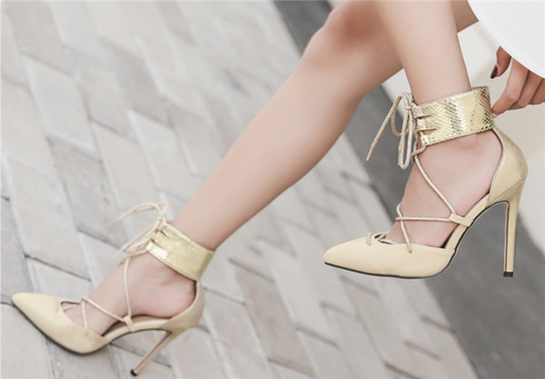 Уникални дамски обувки на висок ток с кръстосани римски връзки