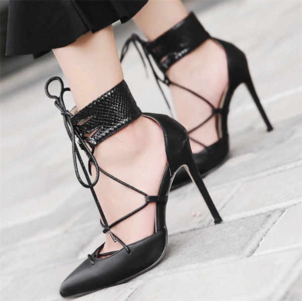 Уникални дамски обувки на висок ток с кръстосани римски връзки
