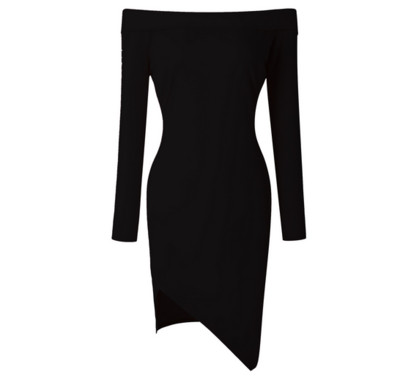 Πολύ κομψό γυναικείο φόρεμα με μακρύ μανίκι και συμμετρικό κάτω μέρος + πεσμένο ώμο