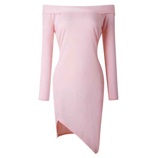 Πολύ κομψό γυναικείο φόρεμα με μακρύ μανίκι και συμμετρικό κάτω μέρος + πεσμένο ώμο