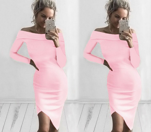 Πολύ κομψό γυναικείο φόρεμα με μακρύ μανίκι και συμμετρικό κάτω μέρος + πεσμένο ώμο