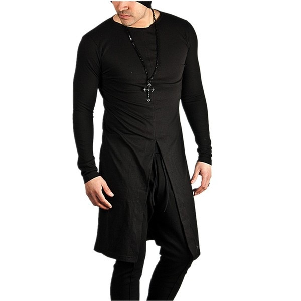 Нестандартна дълга мъжка тениска с дълъг ръкав и цепка отпред