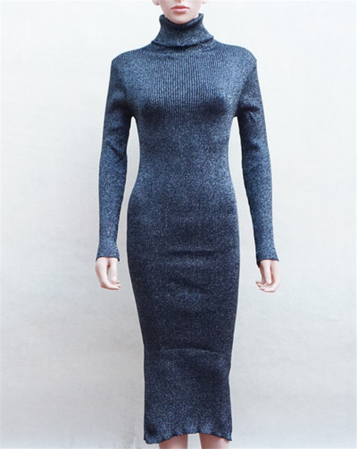 Дамска рокля с полувисока яка и дълъг ръкав - 6 цвята