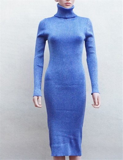 Дамска рокля с полувисока яка и дълъг ръкав - 6 цвята