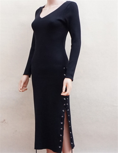 Ежедневна дамска дълга рокля с дълъг ръкав и много интересна цепка от двете страни