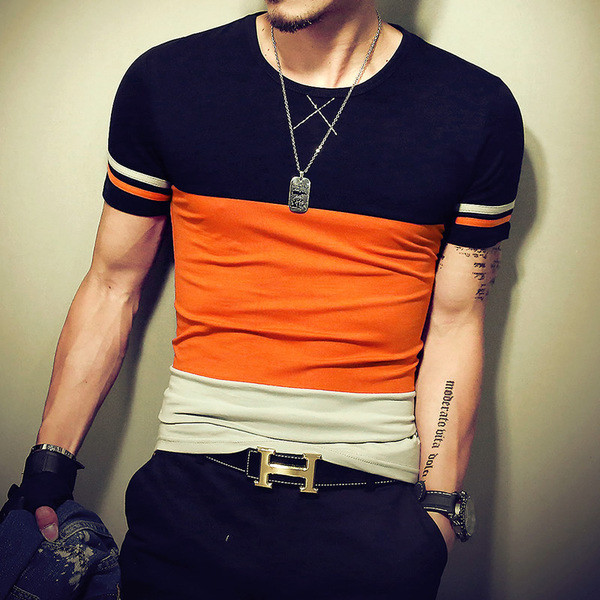 Стилна мъжка памучна тениска с къс ръкав в 2 разцветки