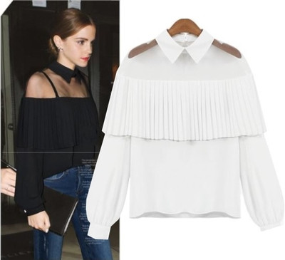 Стилна дамска риза в широк модел и прозрачен мотив, в черен и бял цвят