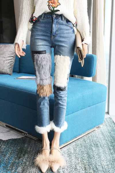 Дамски дънки с висока талия и 7/8 дължина с пух, подходящи за ежедневие