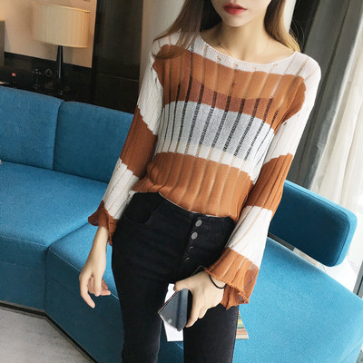 Прозрачен дамски пуловер на райе в няколко цвята и в свободен стил