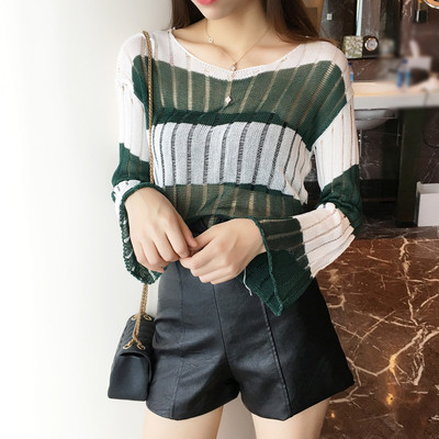 Прозрачен дамски пуловер на райе в няколко цвята и в свободен стил