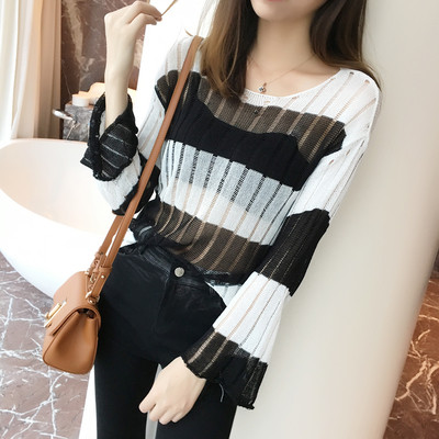 Прозрачен дамски пуловер на райе в няколко цвята и в свободен стил