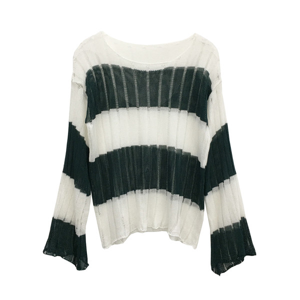 Прозрачен дамски пуловер на райе в няколко цвята и в свободен стил