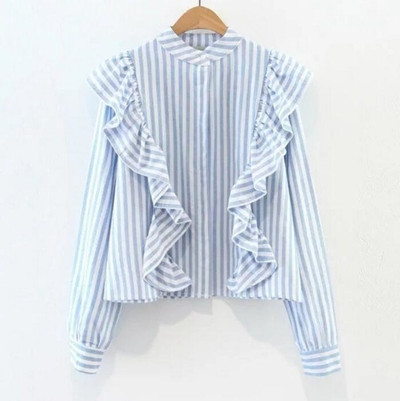 Дамска раирана риза с О-образно закопчаване около врата и воали