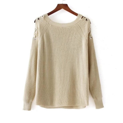 Ежедневен дамски пуловер с О-образна яка и връзки в три цвята