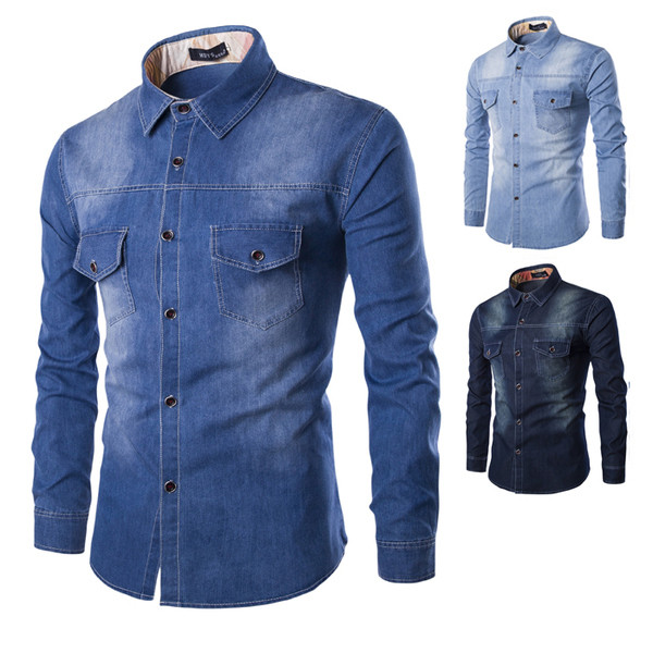 Дънкова мъжка риза с дълъг ръкав - 3 цвята