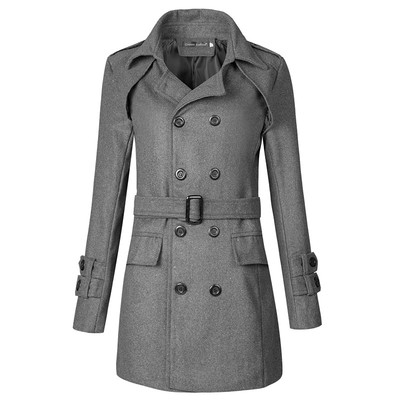 Зимно дълго мъжко палто с 2 реда копчета и колан