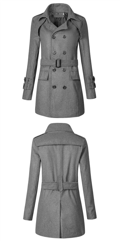 Зимно дълго мъжко палто с 2 реда копчета и колан