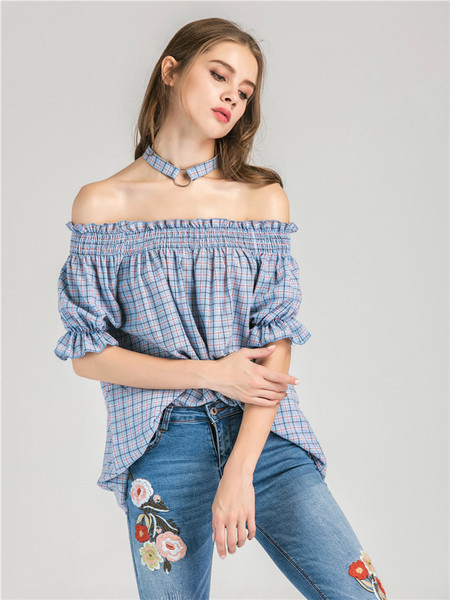 Стилна дамска риза на каре с паднали рамене в 3/4 ръкав и в свободен стил