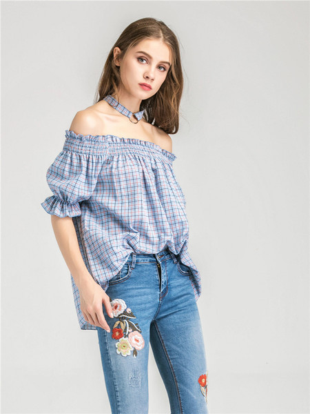 Стилна дамска риза на каре с паднали рамене в 3/4 ръкав и в свободен стил