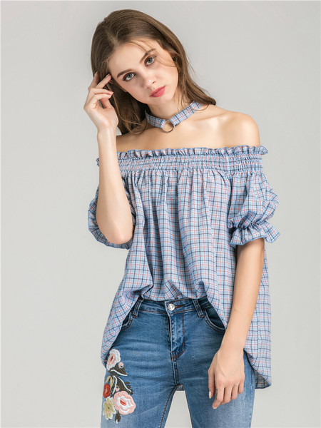 Стилна дамска риза на каре с паднали рамене в 3/4 ръкав и в свободен стил