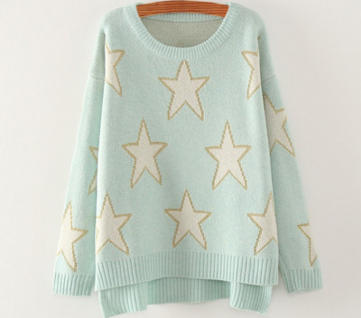 Стилен дамски пуловер с О-образна яка и апликация на звездички