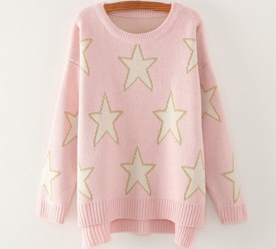 Стилен дамски пуловер с О-образна яка и апликация на звездички