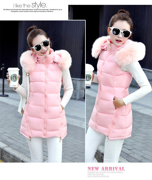 Спортно-елегантен дълъг дамски елек с качулка с пух, в няколко цвята