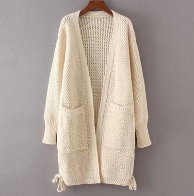 Актуална дълга дамска жилетка с джобчета и кръстосани връзки