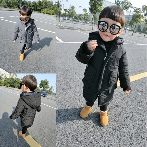 Ζεστό παιδικό μπουφάν για αγόρια με κουκούλα και μακρύ περίγραμμα