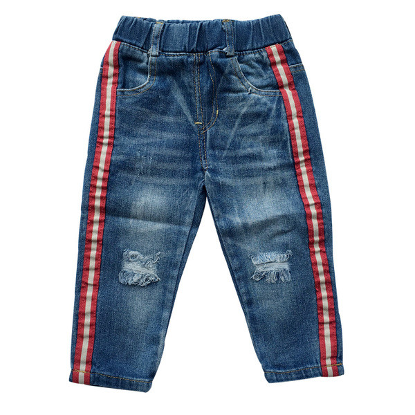 Стилни детски дънки - накъсани с ленти, в два цвята