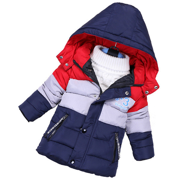 Μακρύ χειμωνιάτικο παιδικό μπουφάν για αγόρια με κουκούλα και επιγραφές σε διάφορα χρώματα