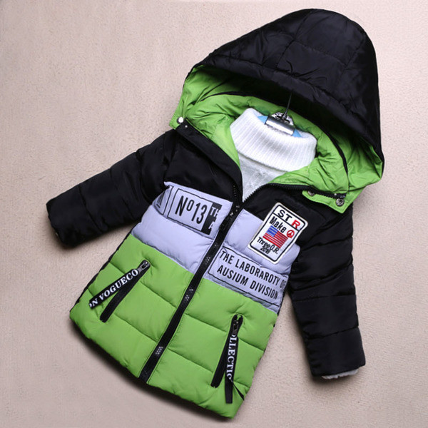 Μακρύ χειμωνιάτικο παιδικό μπουφάν για αγόρια με κουκούλα και επιγραφές σε διάφορα χρώματα