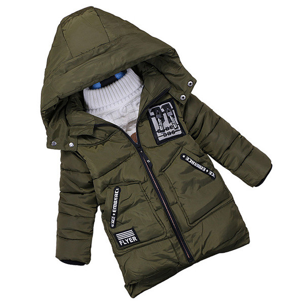 Μακρύ ζεστό παιδικό μπουφάν για αγόρια με επιγραφές και κουκούλα