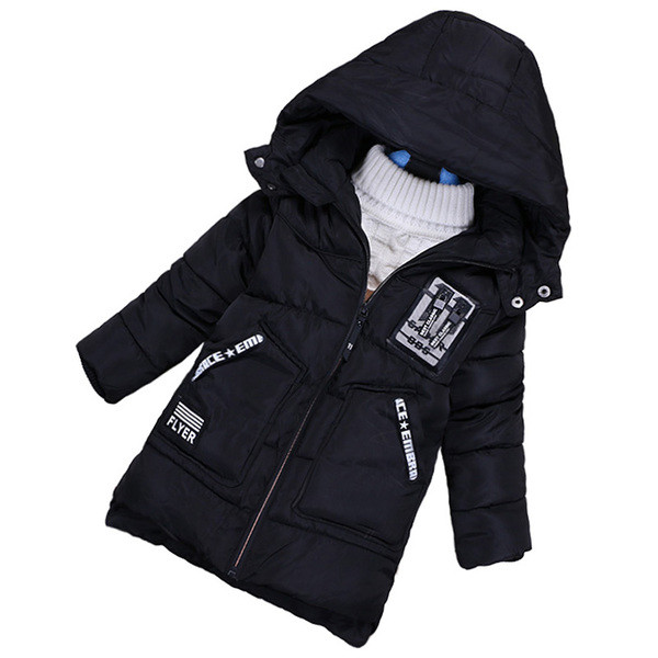 Μακρύ ζεστό παιδικό μπουφάν για αγόρια με επιγραφές και κουκούλα