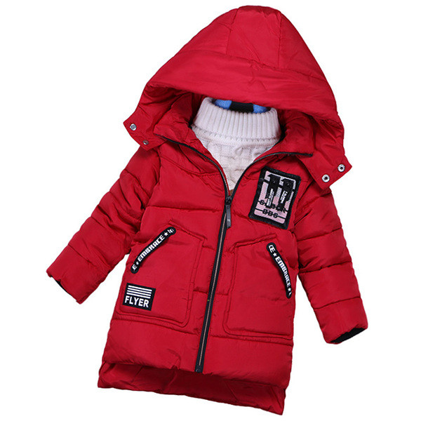 Μακρύ ζεστό παιδικό μπουφάν για αγόρια με επιγραφές και κουκούλα