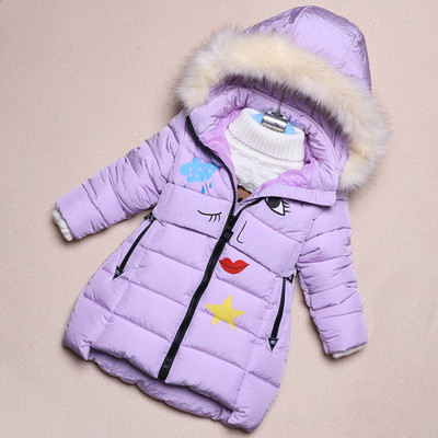 Топло зимно детско яке за момичета с качулка и пух и декорация апликации