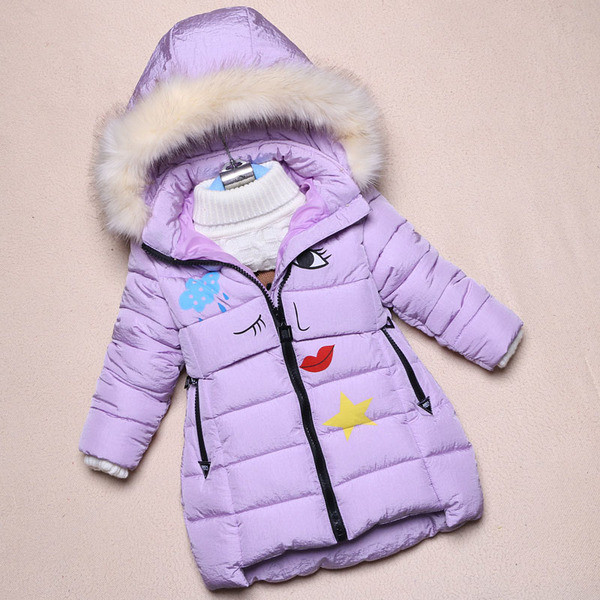 Топло зимно детско яке за момичета с качулка и пух и декорация апликации