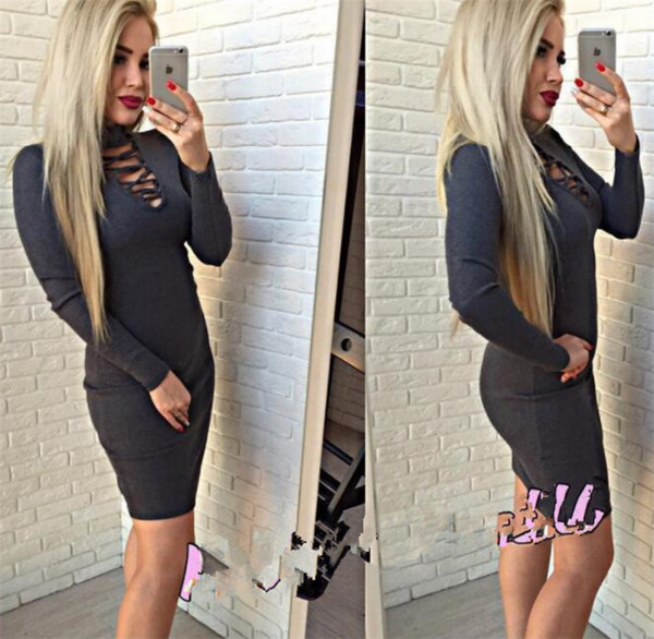 Γυναικείο φόρεμα με μακρύ μανίκι με σταυρωτές λωρίδες στο λαιμόκομμα + O-γιακά